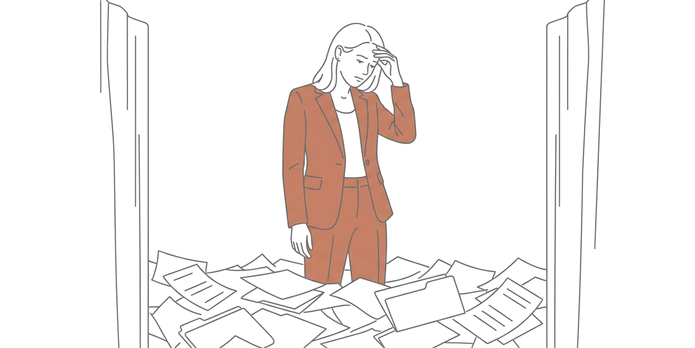 An HR officer waist-deep in paperwork at the bottom of a chasm, representing the manual work in the middle of the hiring process